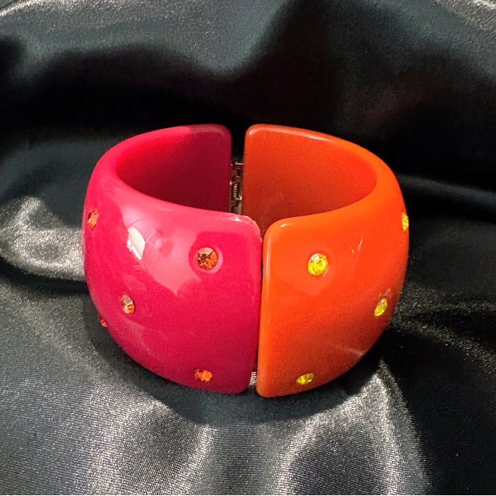 Vibrant Pink with Red and Orange with Yellow Rhinestone Clamper Bracelet